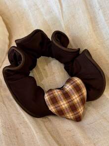 1pc Geometric Pattern Casual Polyester Korean Style Plaid Heart Hair Tie For Women, High-End Fashion Hair Band, High Elasticity Small Scrunchie For Bun - Multicolor - View 9