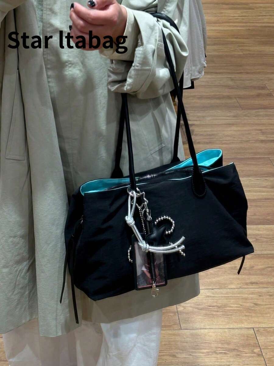 1件日式新時尚休閒大容量尼龍拼接三明治肩背托特包，適合女性日常購物、旅行、健身、收納、通勤、派對