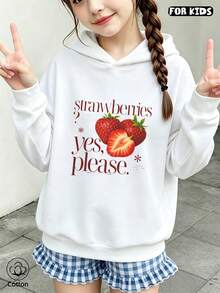 Girls Casual Loose Fit Hoodie With Strawberry Print & Lettering, Soft Breathable Long Sleeve Pullover For Spring Fall Daily Wear Or Outdoor Activities - White - View 2