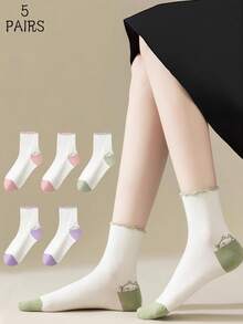 5 Pairs Cute Cat Socks For Girls, Mid-Calf Thin White Lace Japanese Ins Style 2026 New, Suitable For Spring/Summer, Can Be Paired With Leather Shoes - Multicolor - View 8