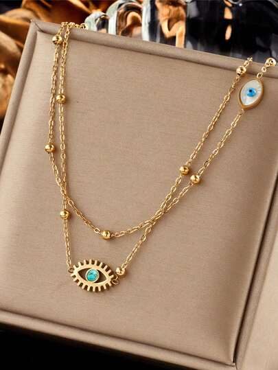 1pc Fashionable Unique Double-Layer Turquoise Eye & Hollowed Blue Eye Pendant Collarbone Chain, Women's Stainless-Steel Necklace