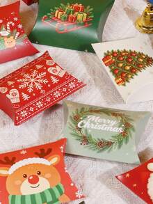 12Pcs Christmas Pillow Paper Gift Boxes Xmas Candy Cookie Treat Box Santa Snowman Reindeer Pattern Holiday Party Favor Packaging - View 6