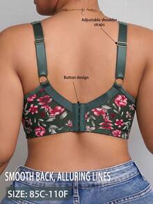 Sujetador sexy de encaje con patchwork y estampado floral para mujer talla grande, sin aros, casual, cómodo, diseño de espalda fina para deportes - Verde Oliva - Ver 2