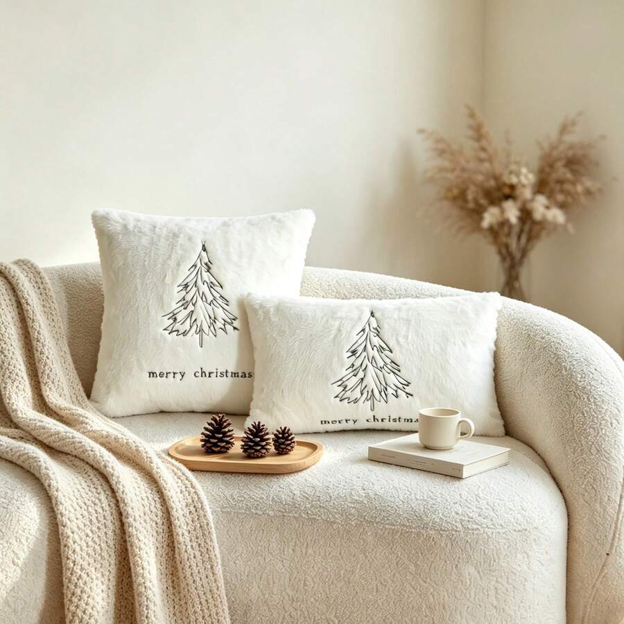 LCUHPCL Minimalist Line Embroidery Christmas Tree Merry Christmas 3D Textured Embroidery Pillow Case 1pc And 2pcs Home Decor, Suitable For Living Room, Bedroom, Party, Sofa And Various Environments
