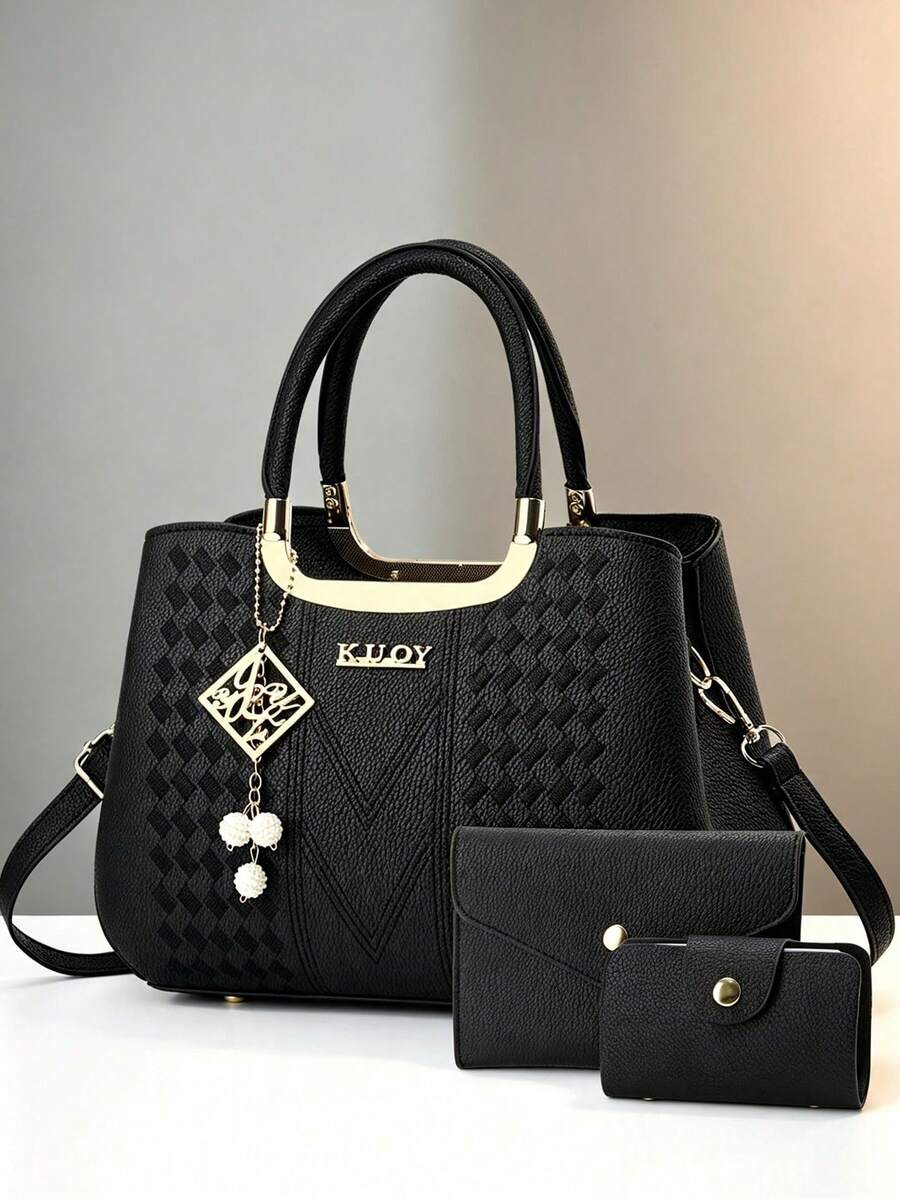 3pcs Black Quilted Women's Handbag Set, Crossbody Bag With Letter Pendant, Wallet And Card Holder - Black - View 1