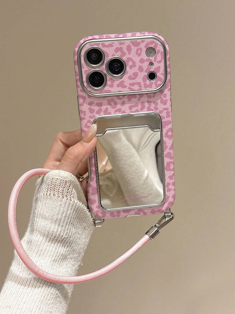 Casing Ponsel Motif Leopard Pink Keren dan Manis dengan Cermin Rias Belakang + Tali Tangan Pink, Jendela Besar Berlapis Elektrolit, Pelindung Ponsel dengan Cetakan Malaikat Bahasa Inggris, Kompatibel dengan iPhone 18pro/18promax17/17Pro/17ProMax/16/16Pro/16ProMax/15/15Pro/15ProMax/14/14Pro/14ProMax/13/13Pro/13ProMax, Casing Ponsel Anti Jatuh Portabel untuk Perempuan - MultiWarna - View 1