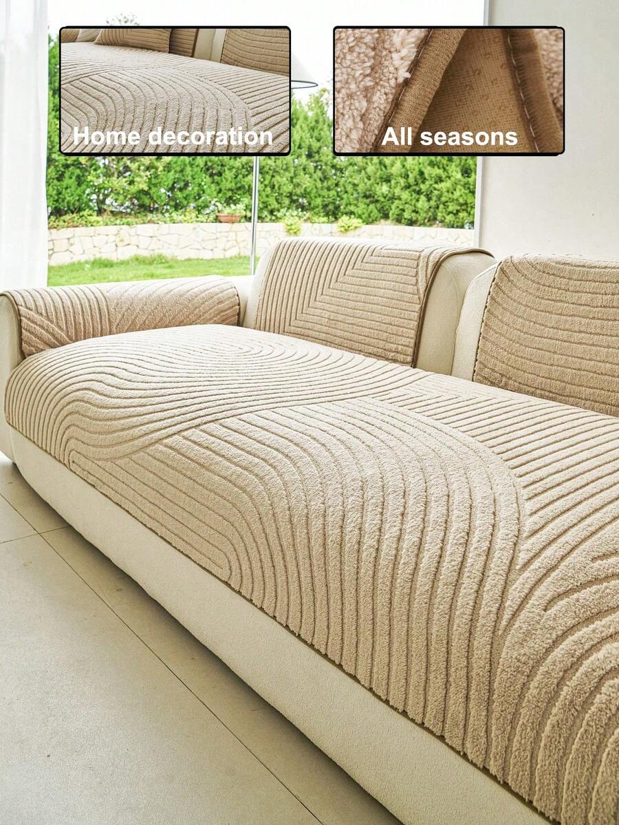 1pc Solid Color Warm Plush Sofa Cover, Soft Skin-Friendly Pet-Friendly Non-Slip Backing Stain-Resistant Durable All-Season Use, Holiday Decor Furniture Protection, Suitable For 1/2/3/4 Sectional Sofa Armrest Cover Backrest Cover - Khaki - View 1