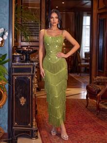 Modphy Women's Elegant Green Spaghetti Strap Sleeveless Maxi Dress, Heavy Rhinestone Embellished Tassel Fitted Evening Gown, Suitable For Wedding Banquet Cocktail Party - Green - View 5