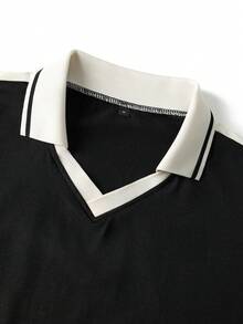 Men's Letter Print Contrast Color Polo Collar Sweatshirt, Casual Loose Fit Pullover Top - Black - View 4