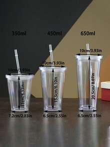 1pc 350ml, 450ml Or 650ml Double Wall Transparent Plastic Straw Cup, Insulated Milk Tea Cup - Clear - View 8