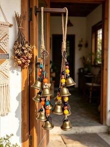 1pc Bohemian Vintage Metal Bell Wind Chimes With Colorful Wooden Beads, Retro Jute Rope Door Hanging Bell Ornaments For Home, Front Door, Wall, Window, Porch, Patio, Garden, Bedroom, Living Room, Entryway & Farmhouse Decor - Multiple Styles - View 2