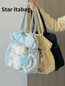 1pc Fashionable Casual Reversible Nylon Drawstring Transparent Badge Decor Large Capacity Shoulder Bag, Suitable For Daily, Commuting, Party, Holiday Gift For Women - Multicolor - View 2