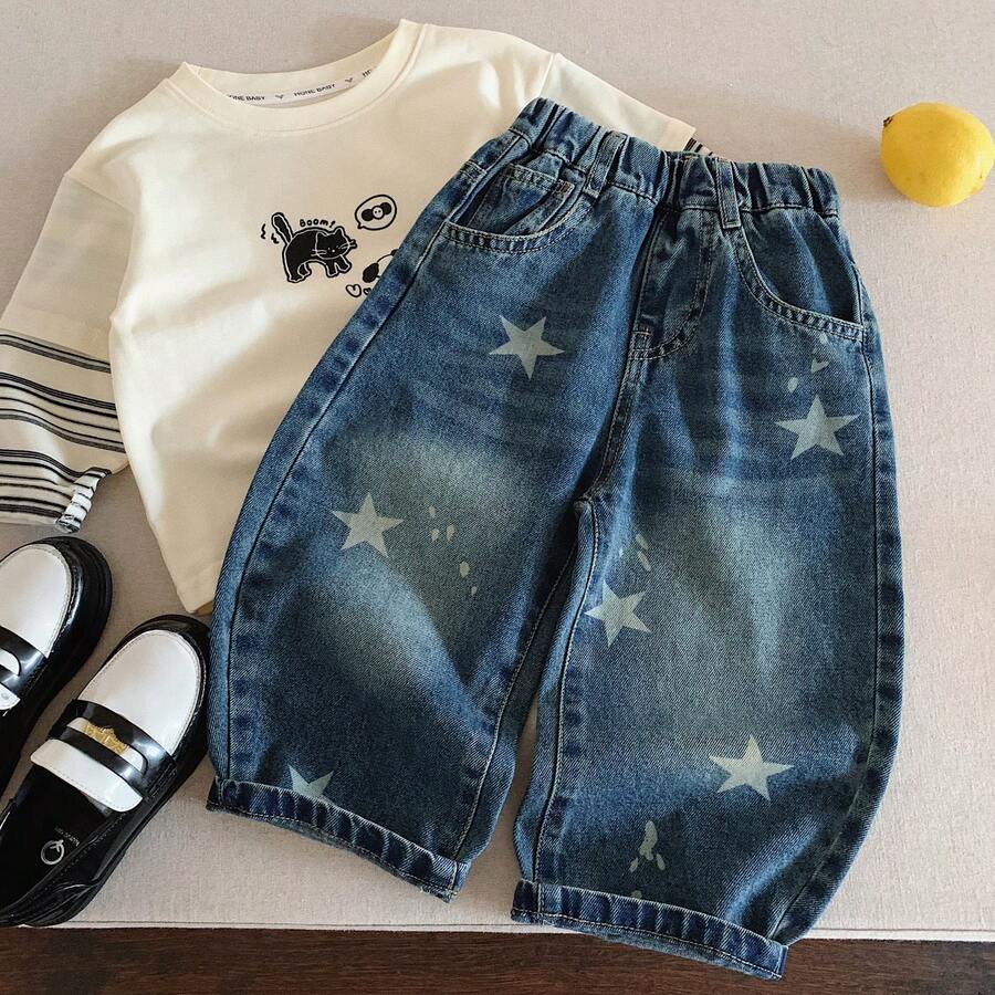 Young Boy Denim Jeans, Autumn New Style, Cute Star Pattern, Curved Leg, Casual Fashionable Stylish - Blue - View 1