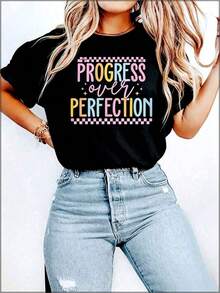 Progress Over Perfection Shirt, Teacher Shirts, Back To School Shirt,   Inspirational Teacher Tee Summer Tops  Summer Outfits For Women - Black - View 2