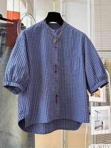 Retro Blue Plaid Button-Up Short Sleeve Shirt For Women, Summer Lightweight Puff Sleeve Loose Fit Minimalist Design Casual Commuter Top - Royal Blue - View 3