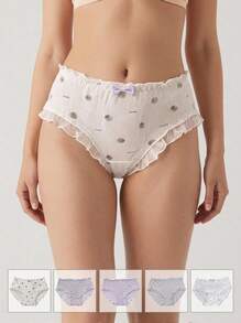 Aesletic 5pcs/Set Purple Floral Frill Trim Japanese Style Lace Bow Women's Triangle Panties - Multicolor - View 2