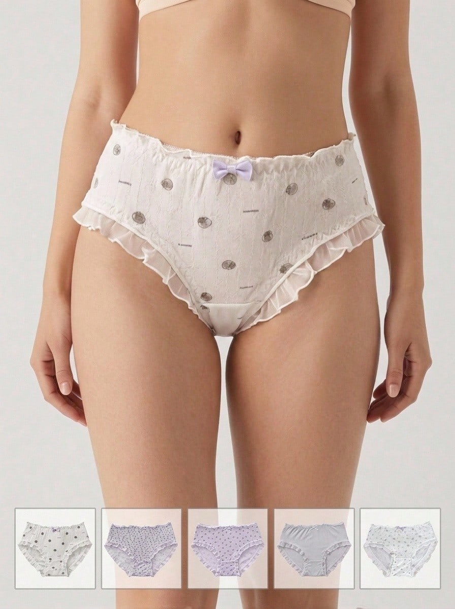 Aesletic 5pcs/Set Purple Floral Frill Trim Japanese Style Lace Bow Women's Triangle Panties
