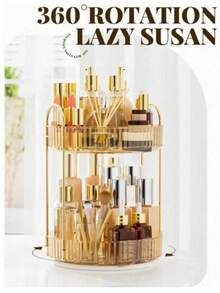360° Rotating Makeup Organizer, Suitable For Vanity, Large Capacity Transparent Skincare Storage Box, Perfume Storage Box, Cosmetic Vanity Organizer, 1pc - Champagne - View 2