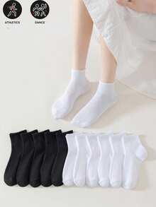 10 Pairs Women's Sports Black & White Thick Socks, Fashion Casual, Antibacterial Comfortable, Odor-Resistant Outdoor Sports, Running Fitness, Compression Knee Socks, Business Casual Vacation, High Tube Socks, Quick-Dry Odor-Resistant, Elastic Soft - Fashion Solid Color. Suitable For Spring, Summer, Autumn, Winter All Seasons, Casual Wear, Daily Use, Suitable For Yoga Sports Activities, Sweat-Absorbent Skin-Friendly, 5 Pairs/1 Pair - Multicolor - View 1