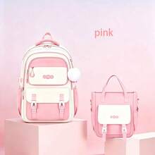 Juego de 2 piezas de mochila y bolso tote con bloques de color, gran capacidad, múltiples compartimentos, estilo coreano, versátil para campus y desplazamientos - Conjuntos - Ver 6