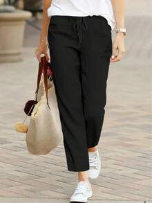 Plus Size Women's Black Woven Straight Leg Pants, Casual Autumn Drawstring Waist Long Pants, Non-Stretch - Black - View 1