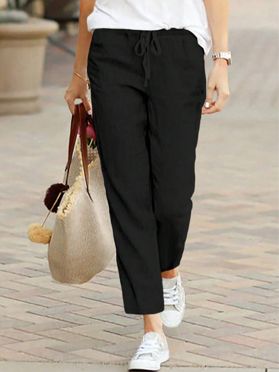 Plus Size Women's Black Woven Straight Leg Pants, Casual Autumn Drawstring Waist Long Pants, Non-Stretch - Black - View 1