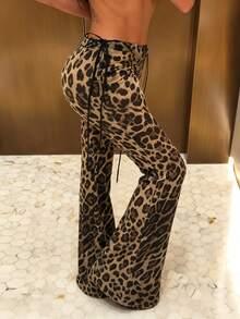DOUCIU Leopard Print High Waist Drawstring Flare Pants Women's Casual Street Style - Multicolor - View 3