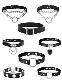 8pcs/Set Punk Rock Studded Choker Set, Unisex Necklace, Vintage Black Y2K Choker, PU Leather Rock Accessories - Style 1 - View 6