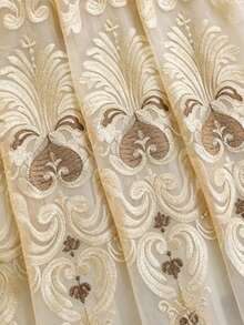 1PC Grommet Top European Palace Style Embroidered Sheer Curtain, Elegant Vintage Floral Pattern Embroidered Sheer Curtain, Luxury Villa Living Room Bedroom Beige Floor-Length Sheer Curtain - Beige - View 2