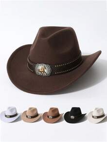 Unisex Classic Western Style Felt Cowboy Hat, Suitable For Horse Riding, Wilderness Photography, Equipped With Running Horse Badge Riveted Leather Strap, Equipped With Running Horse Badge Riveted Leather Strap, Horse Riding, Wilderness Photography, Western Theme Party, Halloween Party, Stage Outfit, Hat, Cap, Cowboy Hat - Multicolor - View 1