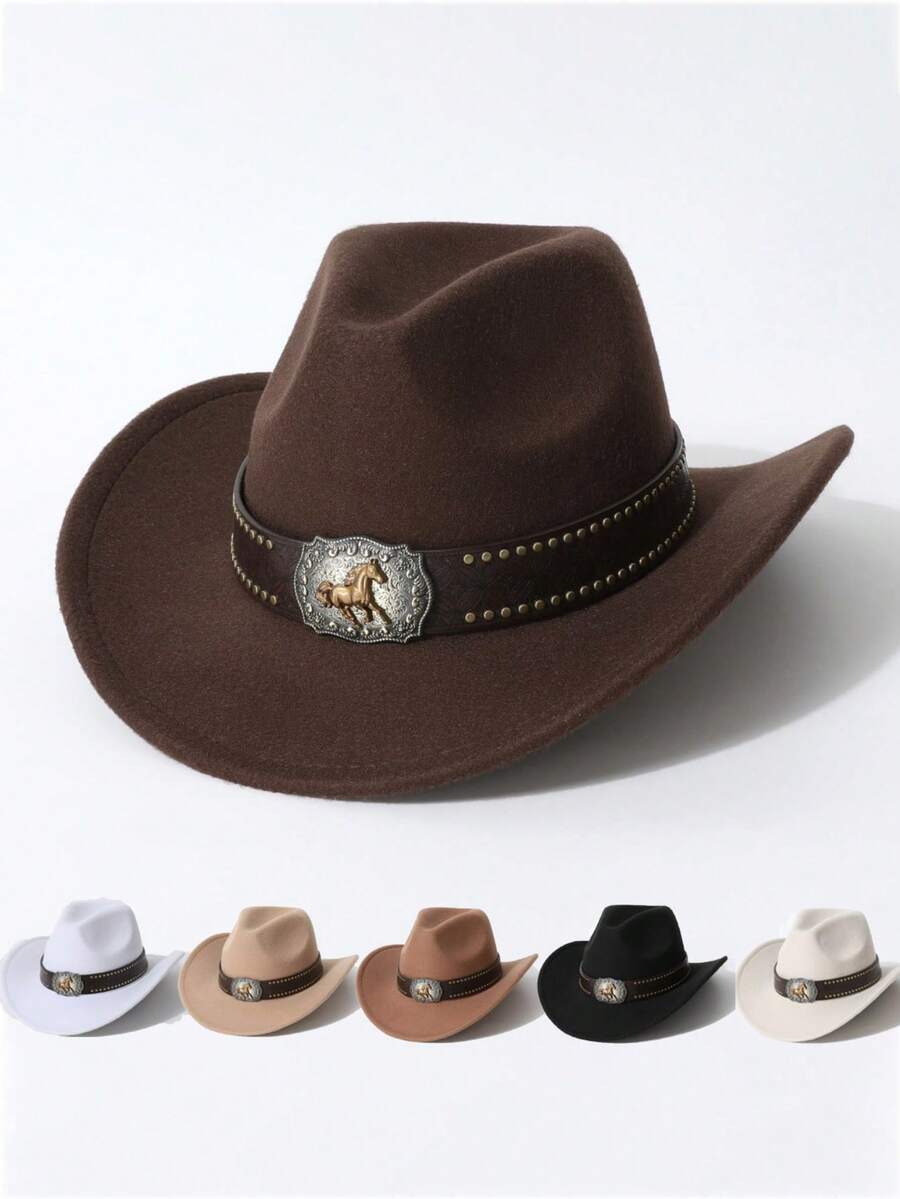 Unisex Classic Western Style Felt Cowboy Hat, Suitable For Horse Riding, Wilderness Photography, Equipped With Running Horse Badge Riveted Leather Strap, Equipped With Running Horse Badge Riveted Leather Strap, Horse Riding, Wilderness Photography, Western Theme Party, Halloween Party, Stage Outfit, Hat, Cap, Cowboy Hat - Multicolor - View 1