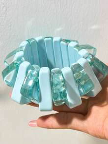 女孩風糖果色對比樹脂手鍊組，亮片透明珠彈力手鍊，小眾誇張氛圍感穿搭飾品 - 多色G - 查看 6