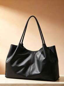 PU Handbag For Women, Solid Color Versatile Large Capacity Tote Bag, Makeup Bag, Mommy Bag, Birthday Gift, Holiday Gift, Versatile Bag - Black - View 2