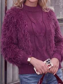 Fashionable Spring/Autumn New Stand Collar Fuzzy Trim Long Sleeve Sweater - Purple - View 5