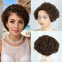 13x4x1 Lace Front Wig Brown Curly Wig With Bangs Short Curl Hair Wig 6inch 180% Density Fluffy Shape Brazilian Rmey Human Hair 4# Color For Daily Wear And Party - S4 - View 4