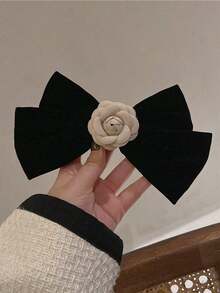 1 Black Velvet Bow Hair Clip Adorned With A Camellia – Vintage French-Style Large Bow – Elegant Hair Accessory For Women And Girls (Autumn Style) - Multicolor - View 2