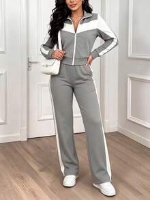 女士撞色拉链外套和休闲裤两件套，运动风，适合春秋季穿着，优雅时尚 - 灰色 - 查看 2