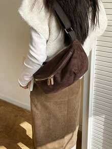 Women Vintage Suede‑Texture Crossbody Sling Bag, Dark Brown Soft Faux Suede Hobo Shoulder Bag, Multi‑Zipper Pocket Casual Crescent Messenger Purse. - Coffee Brown - View 3