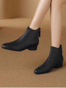 Women's British Style Pointed Toe Chunky Heel Ankle Boots, Minimalist Mid-Heel Slim Chelsea Boots, Suitable For Students - Black - View 2