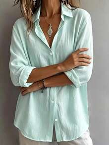 Women's Plus Size Solid Color Woven Long Sleeve Shirt With Open Front And Collar, Suitable For Daily Wear, Outings And Commuting, New Style Blouse - Mint Green - View 3