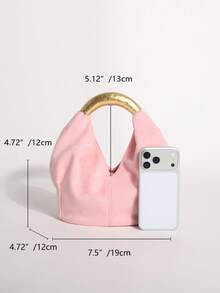 1pc Light Pink Textured Velvet Ruffled Design Vintage Metal Hardware Handbag, Exquisite Fashion Zipper Bucket Bag, Suitable For Commuting And Shopping - Baby Pink - View 2