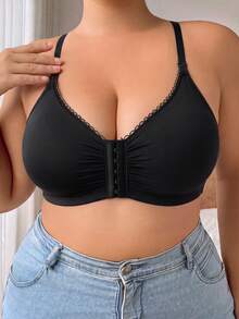 1pc Casual Women's Comfortable Minimalist Non-Padded Knit Fabric Front Closure Nursing Bra Plus Size - Black - View 5
