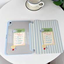 1pc Blue & Beige Vertical Striped Happy Note Sticker Collage Print Tablet Protective Case, With Pen Slot, Multi-Angle Magnetic Stand, Supports Auto Sleep/Wake, Compatible With IPad Pro/Air, Pad 5/6/7, MatePad - Multicolor - View 4