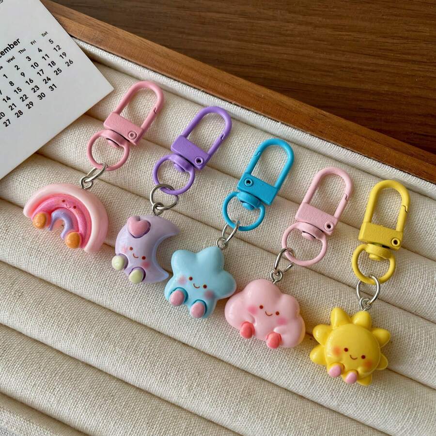 5pcs Cute Weather Element Keychains For Girls, Rainbow Moon Star Smiling Face Charms, Colorful D-Shaped Buckle 3D Resin Bag Accessories, Adorable Healing Style Daily Versatile Trinkets