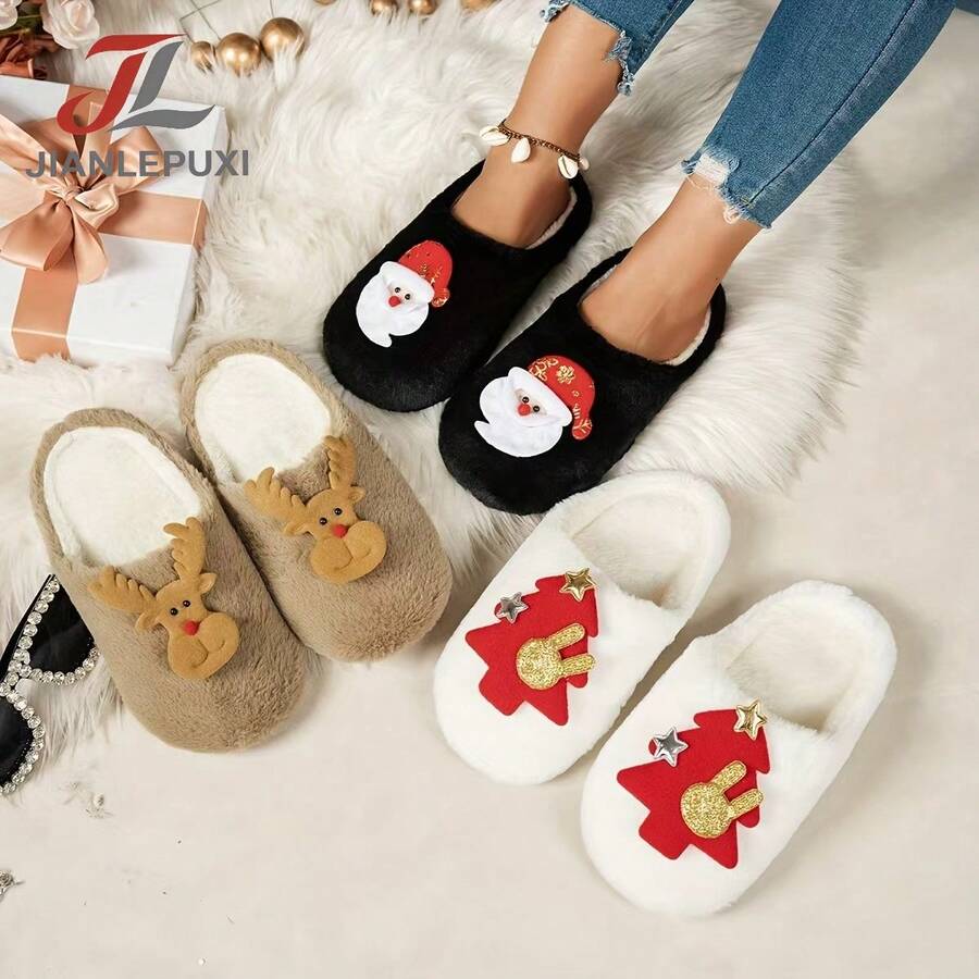Christmas 3D Plush Head Slippers, Santa Claus Reindeer Christmas Tree Thermal Lined Home Holiday Slippers - Women's Slippers - View 1