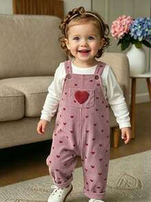 Baby Girls Pink Striped Red Heart Print Big Red Heart Embroidered Sweet Cute Button Overalls - Rusty Rose - View 3