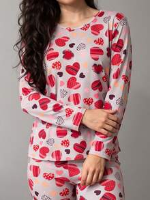 Pijama Longo de Suede Macio Estampado Inverno Blusa Longa e Calça Feminino - coração - Visão 2