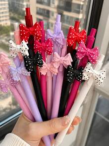 1/7pcs Multi-Color Polka Dot Bowknot Decoration Black Neutral Retractable Ballpoint Pen, Suitable For Office, School, Back To School Gift For Girls - Multi-color Polka Dot Butterfly Pen - View 1