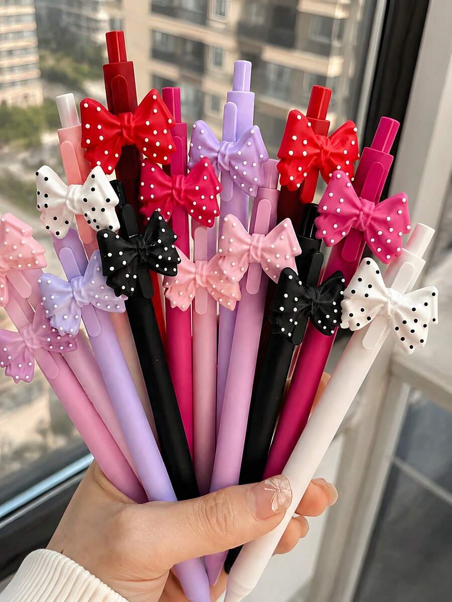 1/7pcs Multi-Color Polka Dot Bowknot Decoration Black Neutral Retractable Ballpoint Pen, Suitable For Office, School, Back To School Gift For Girls - Multi-color Polka Dot Butterfly Pen - View 1