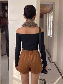 Tween Girls Halloween & Christmas Atmosphere 2 Pieces Set, Faux Fur Fuzzy Warm Cold Shoulder Long Sleeve Top With Suede A-Line Skirt Shorts - Mocha Brown - View 5